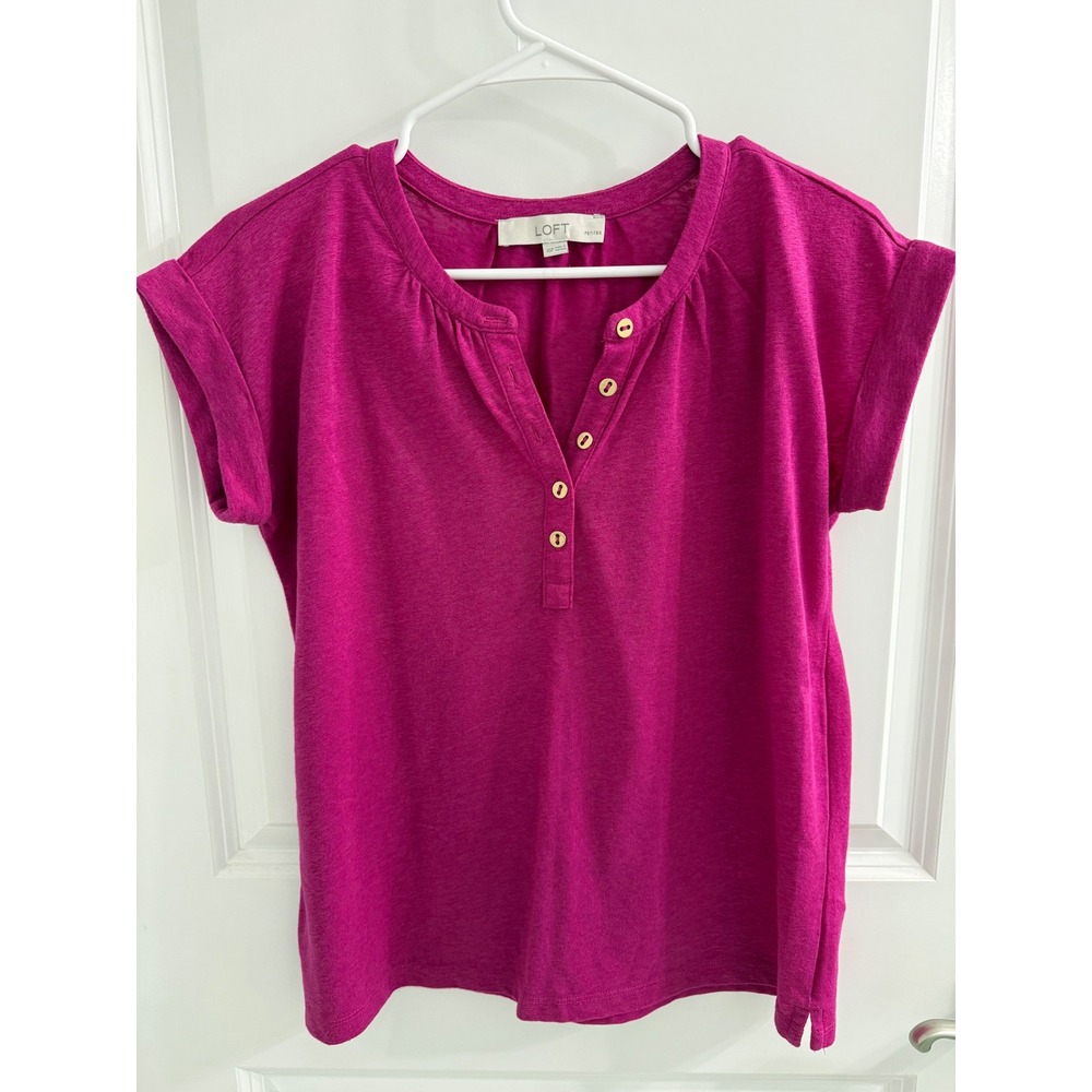 LOFT Petites Magenta Pink Henley Short Sleeve Button Top XSP Cotton Slub